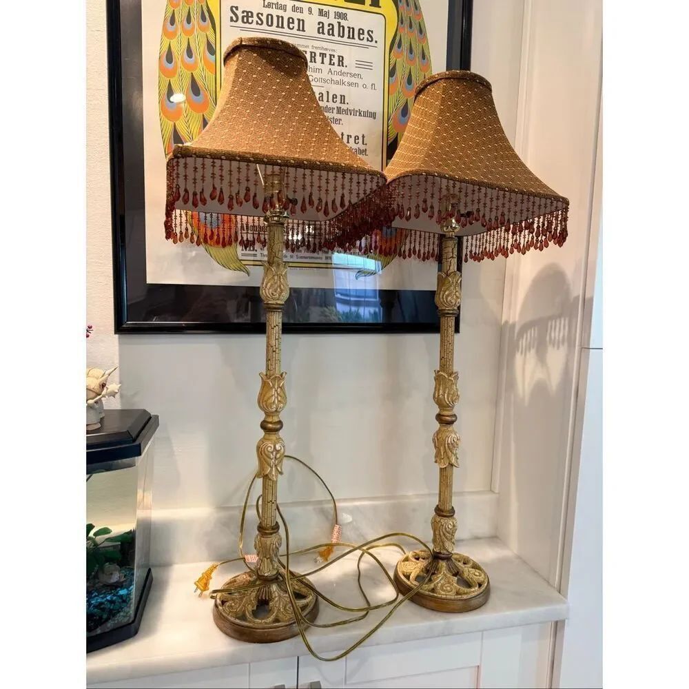 Antique Vintage Pair Of Bombay Club Store Beaded Decorative Lampshades Brown 25"